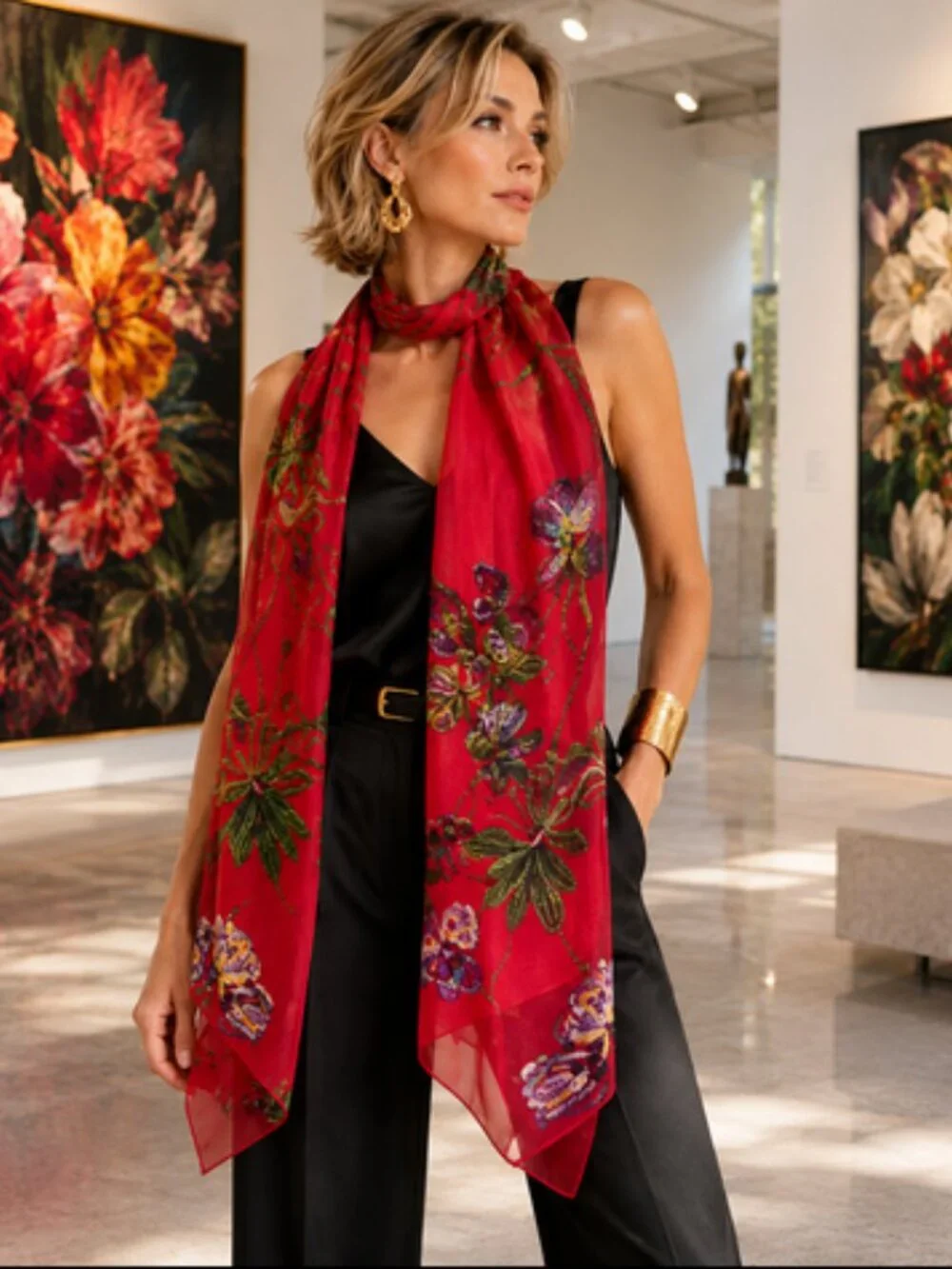 Vintage Signed Wearable Art Chiffon Scarf – Cherry Red Botanical Art Scarf
